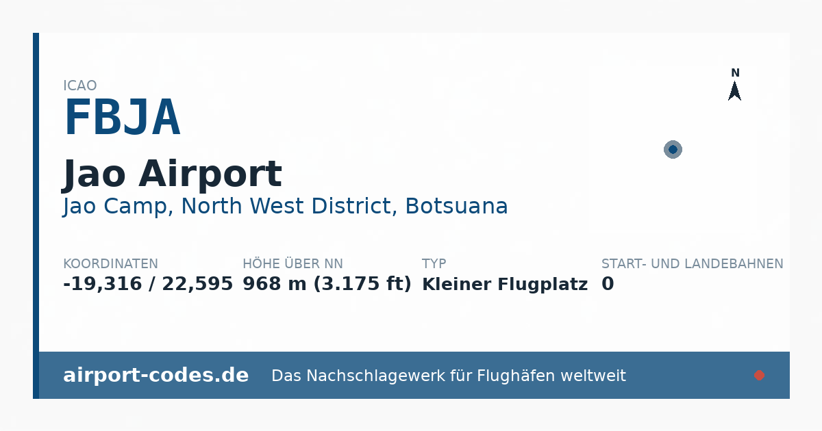 Generierte Übersichtsgrafik zum Flughafen Jao Airport mit Codes, Koordinaten und Bahnenskizze