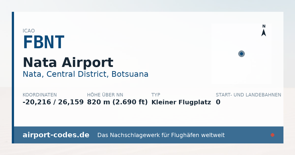 Generierte Übersichtsgrafik zum Flughafen Nata Airport mit Codes, Koordinaten und Bahnenskizze