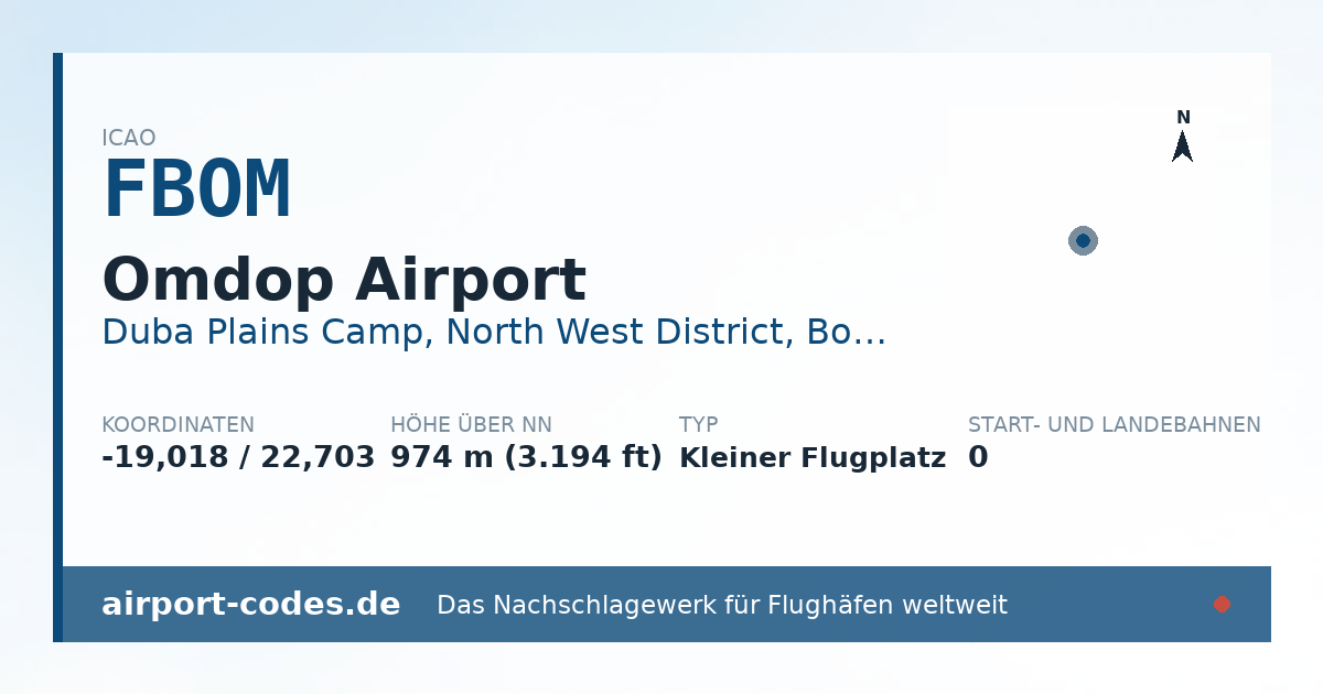 Generierte Übersichtsgrafik zum Flughafen Omdop Airport mit Codes, Koordinaten und Bahnenskizze