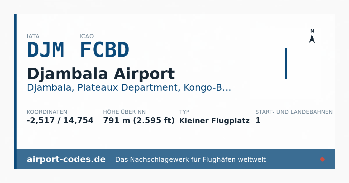 Generierte Übersichtsgrafik zum Flughafen Djambala Airport mit Codes, Koordinaten und Bahnenskizze