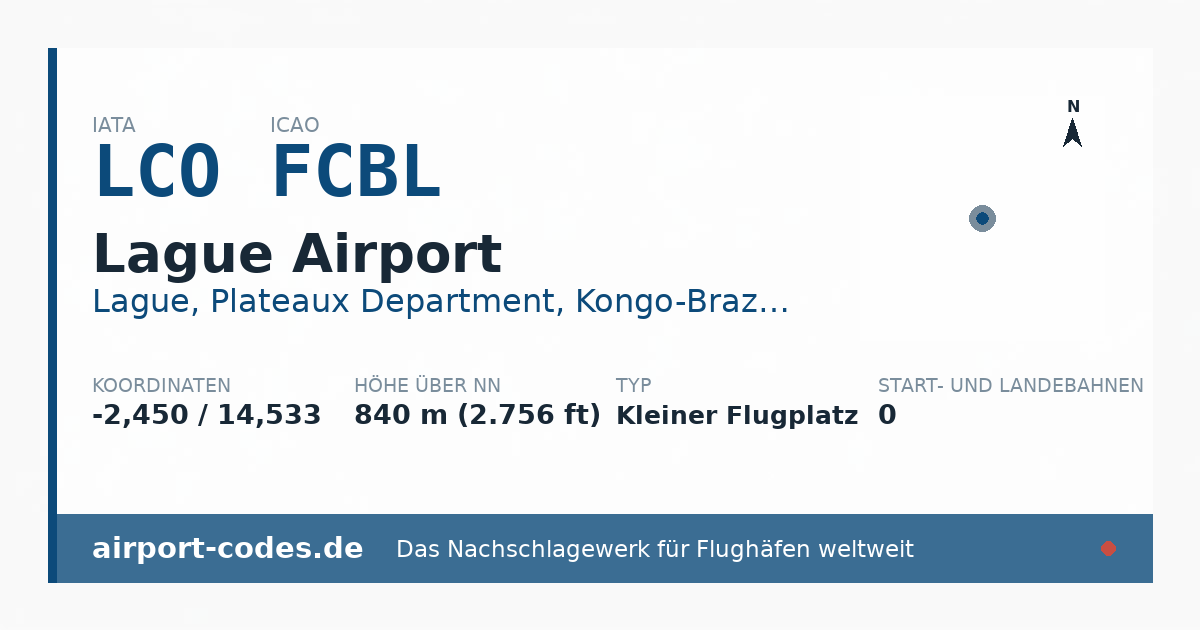 Generierte Übersichtsgrafik zum Flughafen Lague Airport mit Codes, Koordinaten und Bahnenskizze