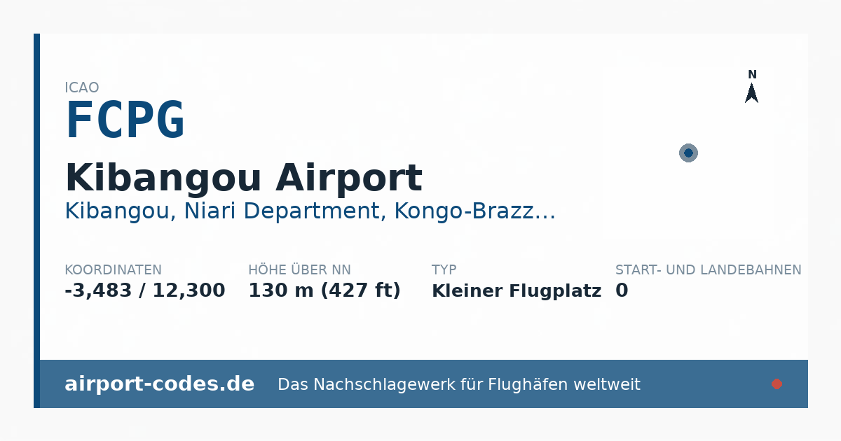 Generierte Übersichtsgrafik zum Flughafen Kibangou Airport mit Codes, Koordinaten und Bahnenskizze