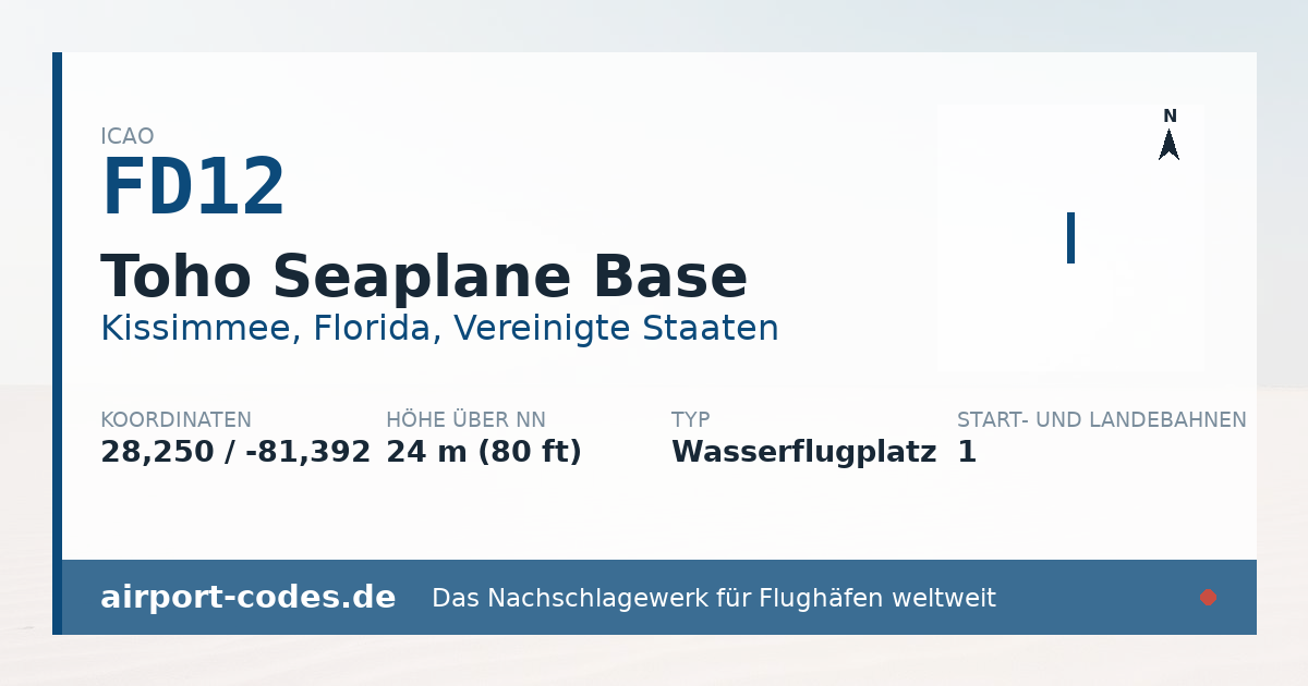 Generierte Übersichtsgrafik zum Flughafen Toho Seaplane Base mit Codes, Koordinaten und Bahnenskizze