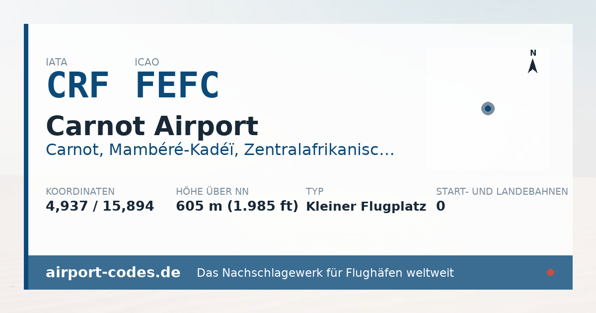 Generierte Übersichtsgrafik zum Flughafen Carnot Airport mit Codes, Koordinaten und Bahnenskizze