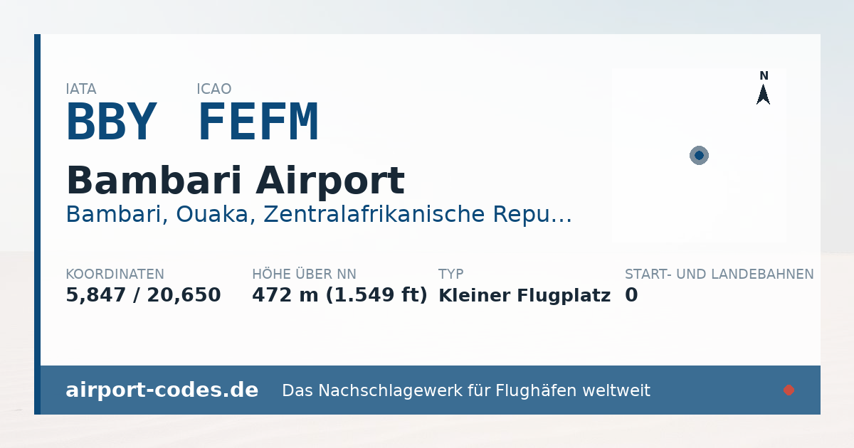 Generierte Übersichtsgrafik zum Flughafen Bambari Airport mit Codes, Koordinaten und Bahnenskizze