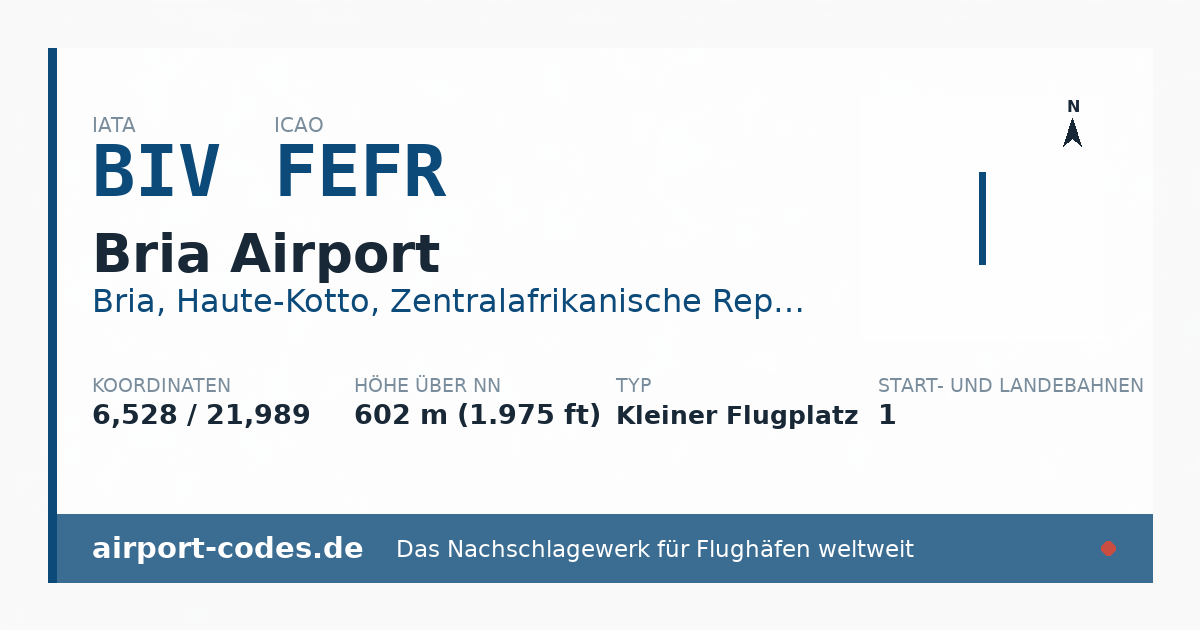 Generierte Übersichtsgrafik zum Flughafen Bria Airport mit Codes, Koordinaten und Bahnenskizze