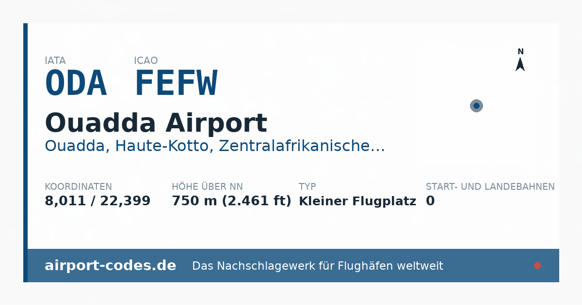Generierte Übersichtsgrafik zum Flughafen Ouadda Airport mit Codes, Koordinaten und Bahnenskizze