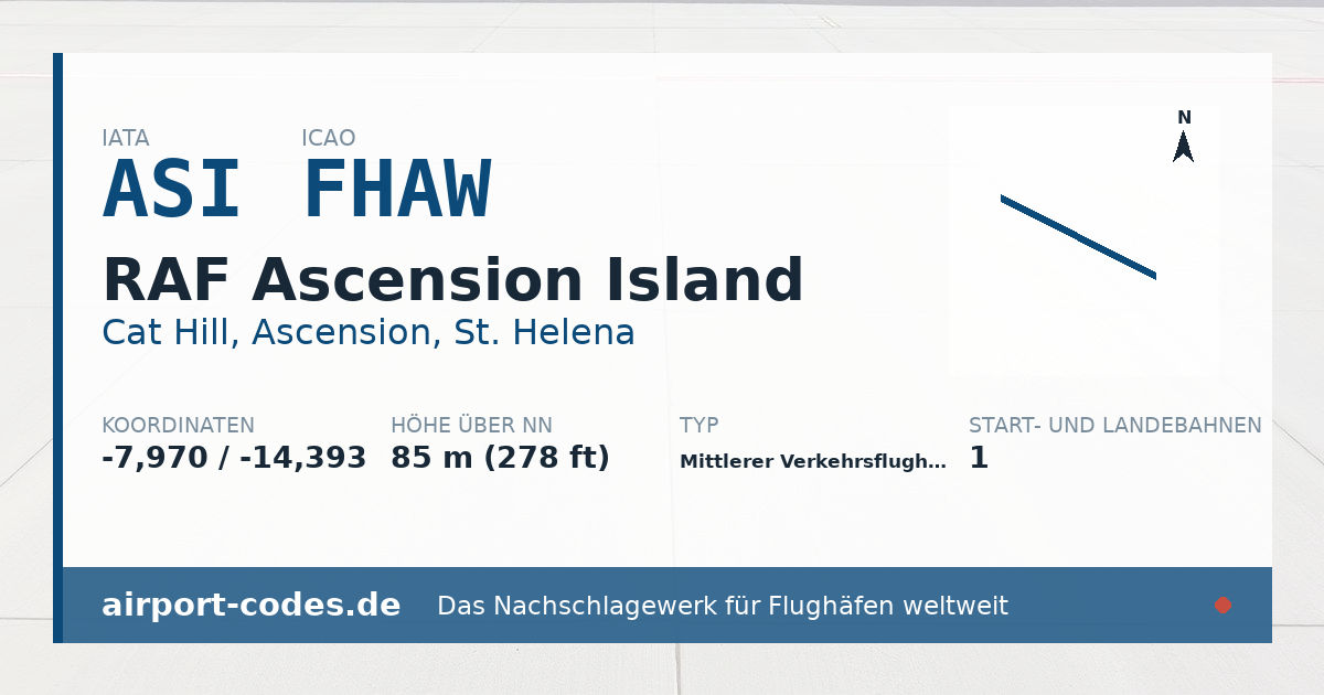 Generierte Übersichtsgrafik zum Flughafen RAF Ascension Island mit Codes, Koordinaten und Bahnenskizze