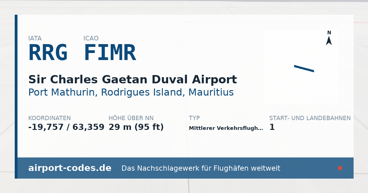 Generierte Übersichtsgrafik zum Flughafen Sir Charles Gaetan Duval Airport mit Codes, Koordinaten und Bahnenskizze