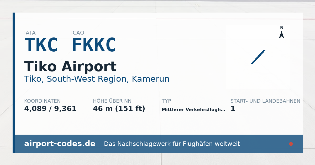 Generierte Übersichtsgrafik zum Flughafen Tiko Airport mit Codes, Koordinaten und Bahnenskizze