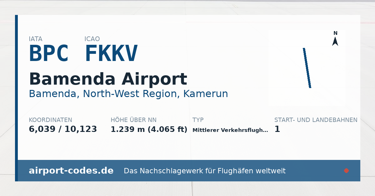 Generierte Übersichtsgrafik zum Flughafen Bamenda Airport mit Codes, Koordinaten und Bahnenskizze