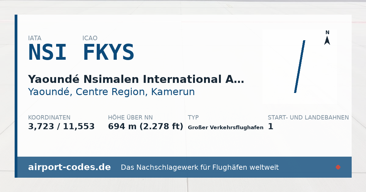 Generierte Übersichtsgrafik zum Flughafen Yaoundé Nsimalen International Airport mit Codes, Koordinaten und Bahnenskizze