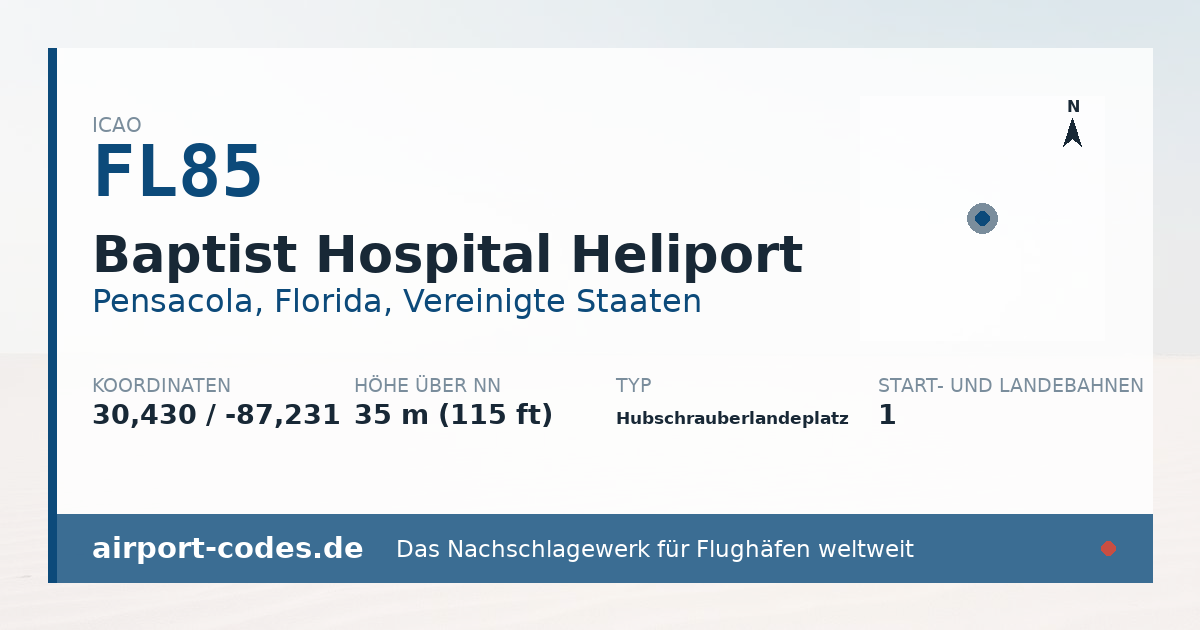 Generierte Übersichtsgrafik zum Flughafen Baptist Hospital Heliport mit Codes, Koordinaten und Bahnenskizze