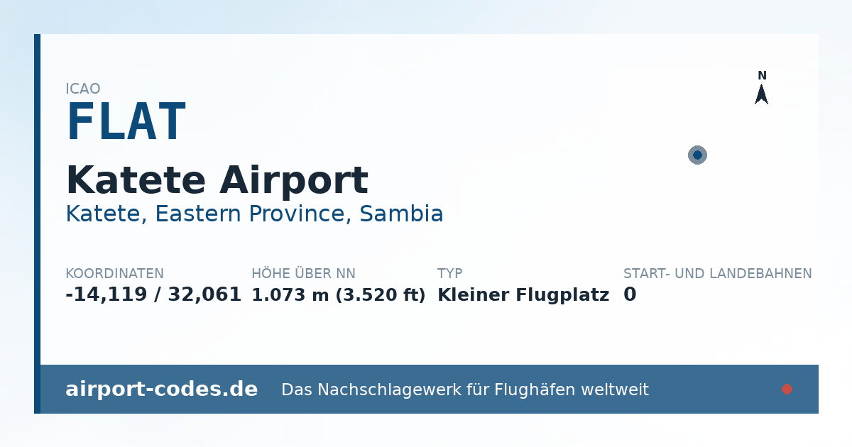 Generierte Übersichtsgrafik zum Flughafen Katete Airport mit Codes, Koordinaten und Bahnenskizze