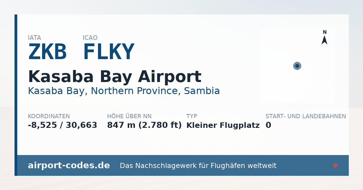 Generierte Übersichtsgrafik zum Flughafen Kasaba Bay Airport mit Codes, Koordinaten und Bahnenskizze
