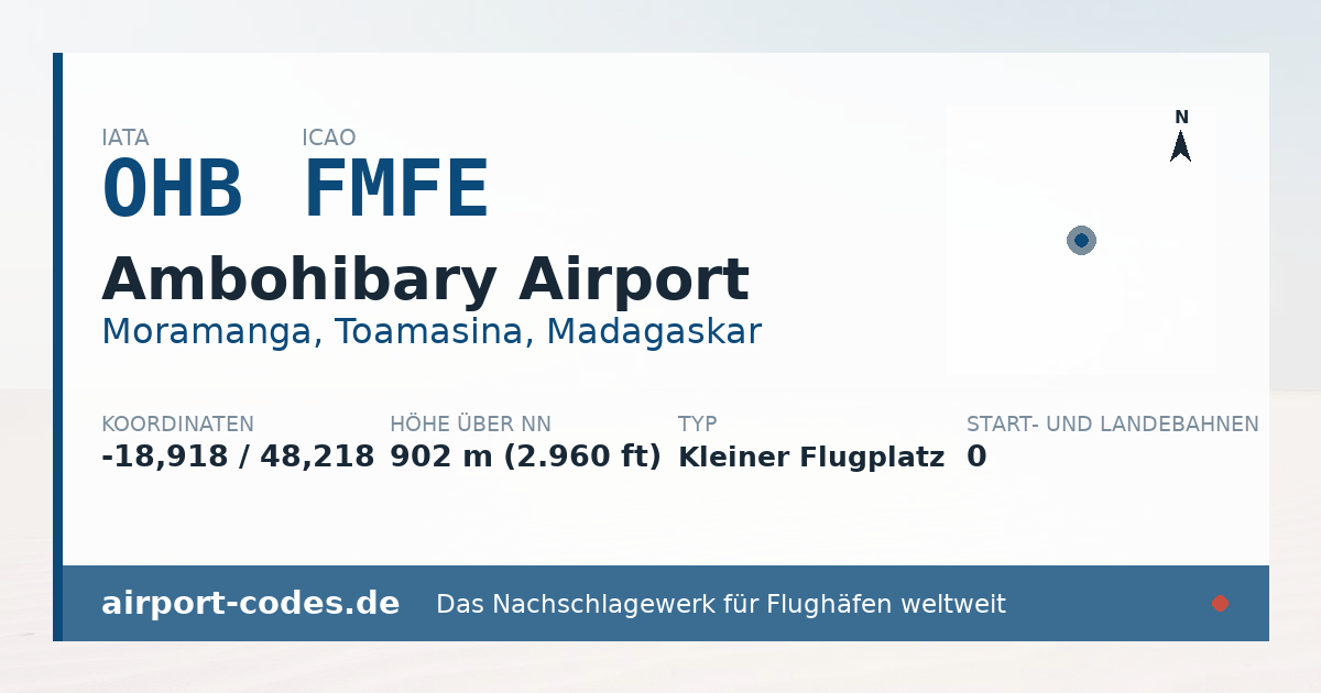 Generierte Übersichtsgrafik zum Flughafen Ambohibary Airport mit Codes, Koordinaten und Bahnenskizze
