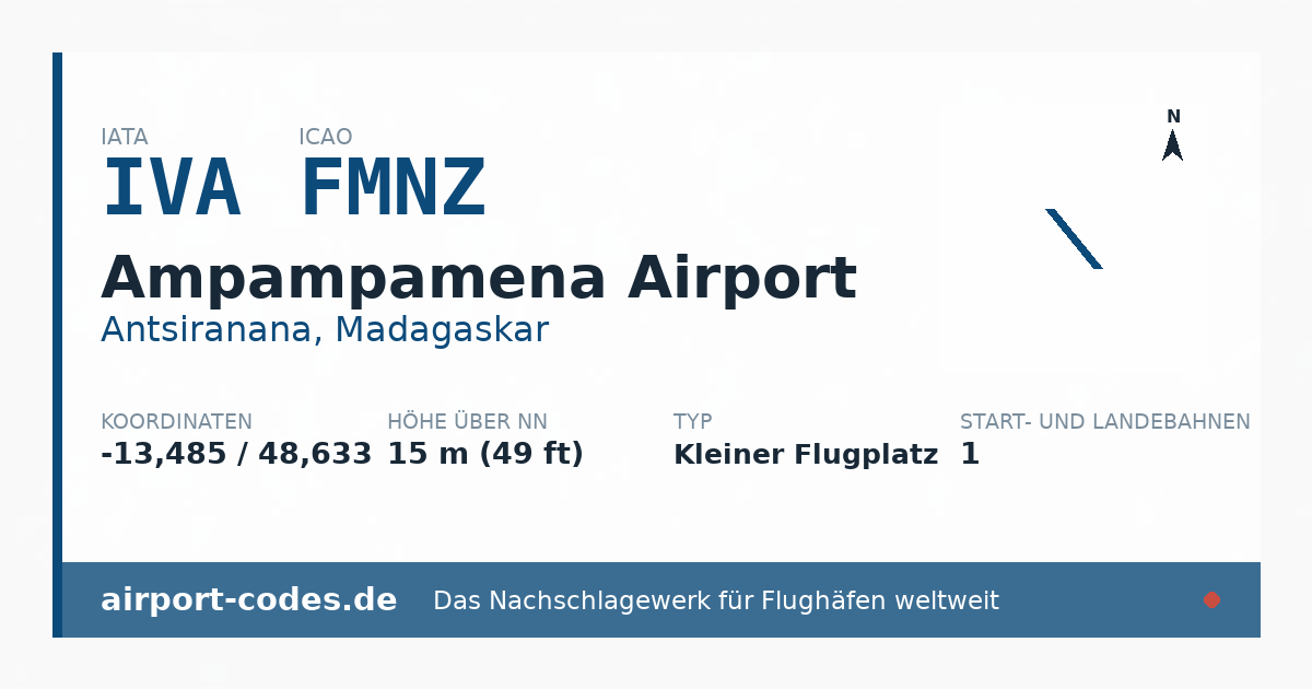Generierte Übersichtsgrafik zum Flughafen Ampampamena Airport mit Codes, Koordinaten und Bahnenskizze