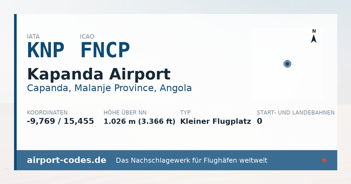 Generierte Übersichtsgrafik zum Flughafen Kapanda Airport mit Codes, Koordinaten und Bahnenskizze