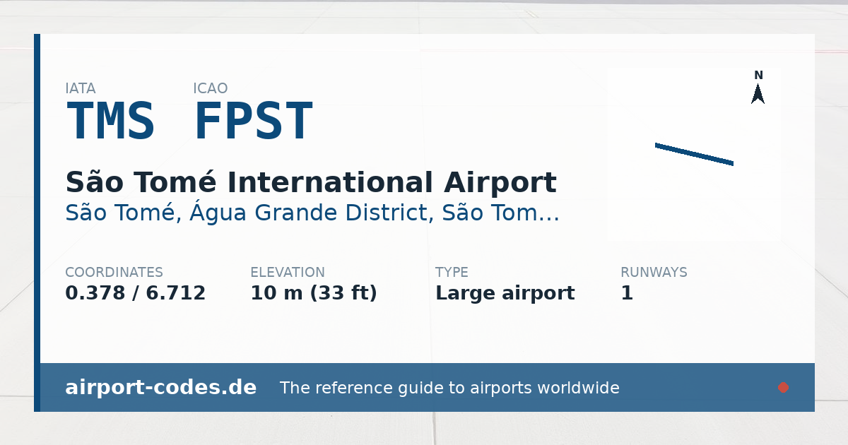 Generated summary graphic for São Tomé International Airport showing codes, coordinates and a runway sketch