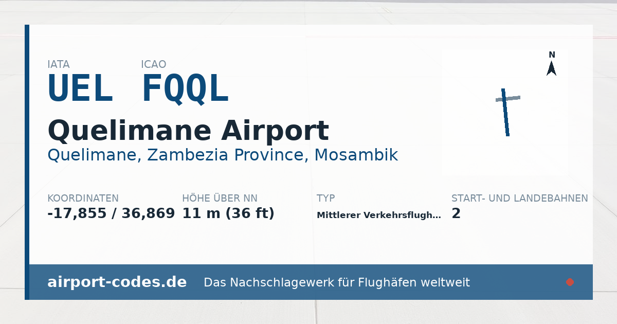 Generierte Übersichtsgrafik zum Flughafen Quelimane Airport mit Codes, Koordinaten und Bahnenskizze