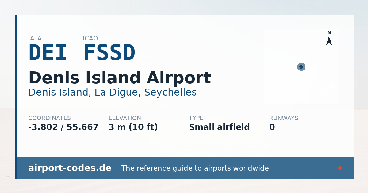 Generated summary graphic for Denis Island Airport showing codes, coordinates and a runway sketch