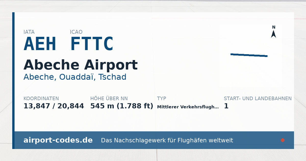 Generierte Übersichtsgrafik zum Flughafen Abeche Airport mit Codes, Koordinaten und Bahnenskizze