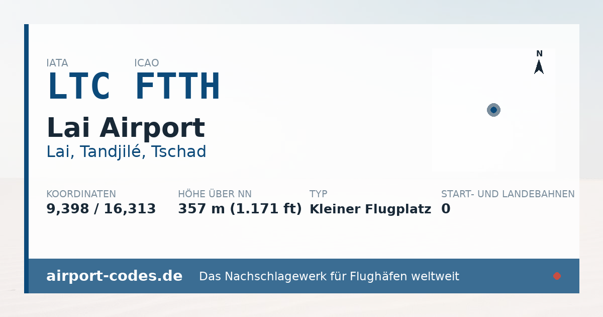 Generierte Übersichtsgrafik zum Flughafen Lai Airport mit Codes, Koordinaten und Bahnenskizze
