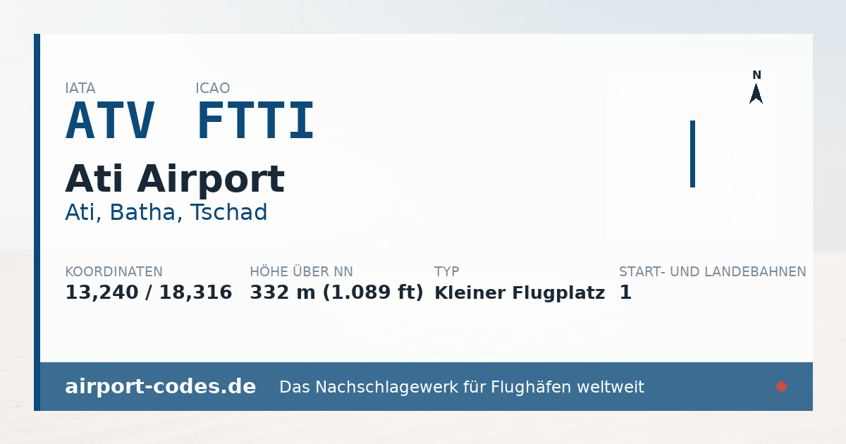 Generierte Übersichtsgrafik zum Flughafen Ati Airport mit Codes, Koordinaten und Bahnenskizze