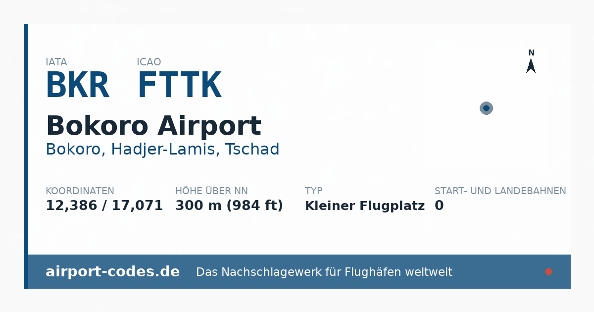 Generierte Übersichtsgrafik zum Flughafen Bokoro Airport mit Codes, Koordinaten und Bahnenskizze