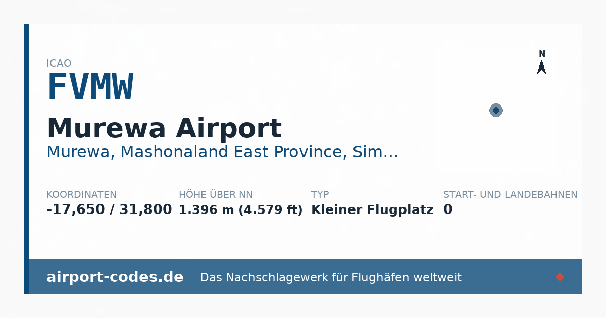 Generierte Übersichtsgrafik zum Flughafen Murewa Airport mit Codes, Koordinaten und Bahnenskizze