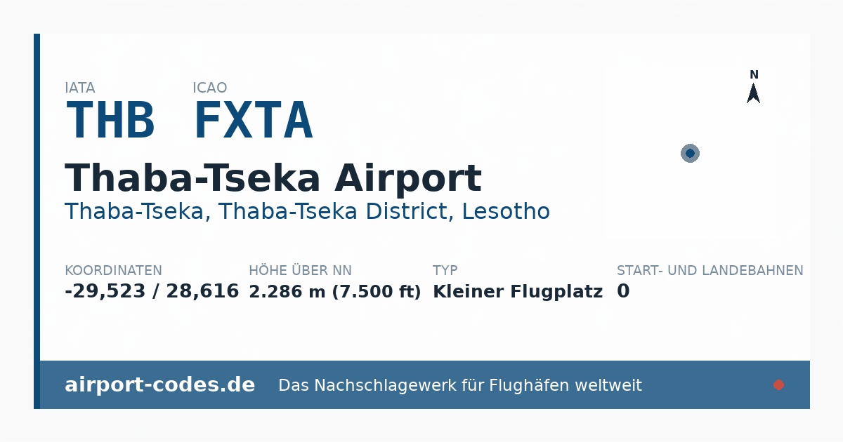 Generierte Übersichtsgrafik zum Flughafen Thaba-Tseka Airport mit Codes, Koordinaten und Bahnenskizze