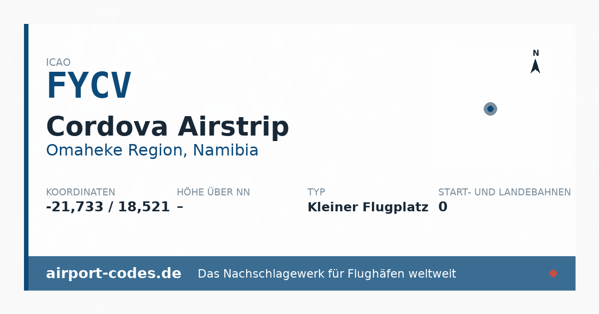 Generierte Übersichtsgrafik zum Flughafen Cordova Airstrip mit Codes, Koordinaten und Bahnenskizze