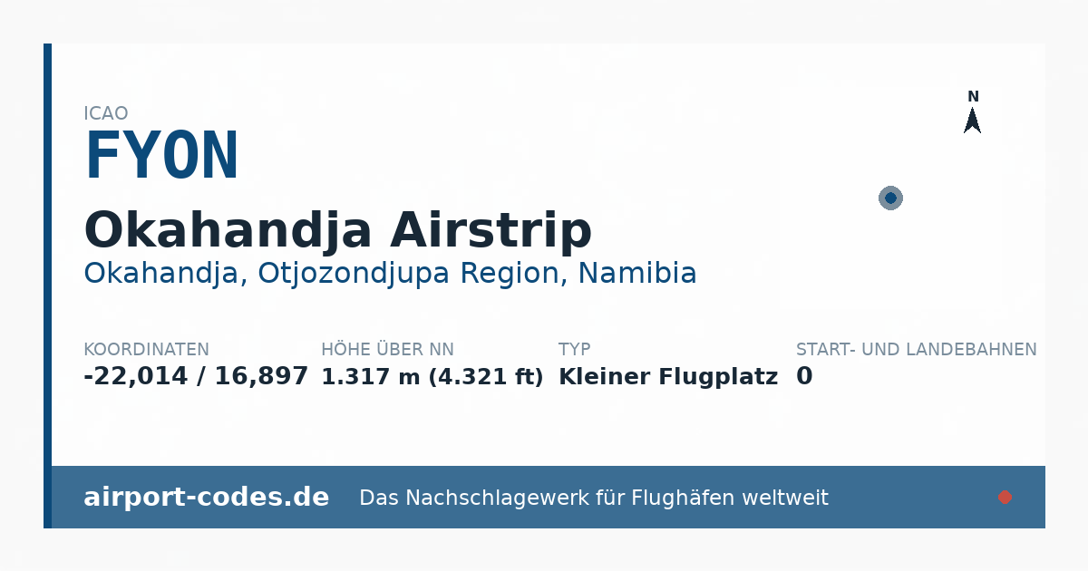 Generierte Übersichtsgrafik zum Flughafen Okahandja Airstrip mit Codes, Koordinaten und Bahnenskizze
