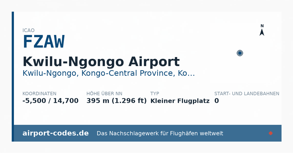 Generierte Übersichtsgrafik zum Flughafen Kwilu-Ngongo Airport mit Codes, Koordinaten und Bahnenskizze