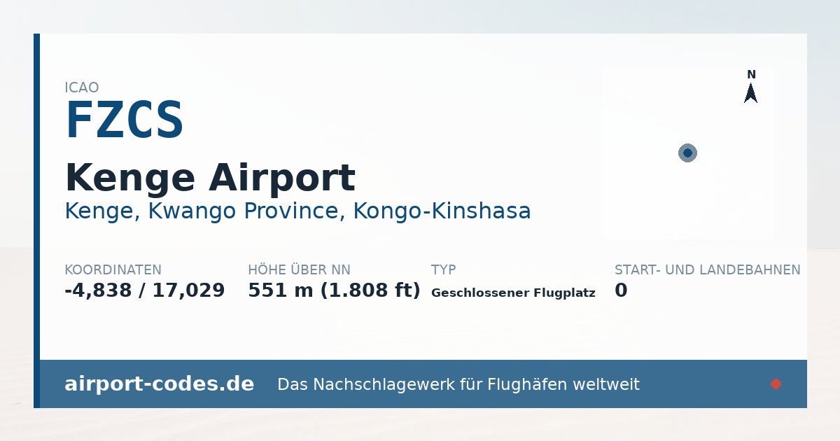Generierte Übersichtsgrafik zum Flughafen Kenge Airport mit Codes, Koordinaten und Bahnenskizze