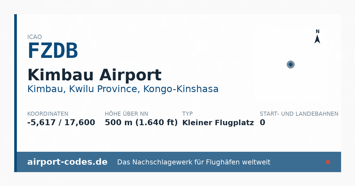 Generierte Übersichtsgrafik zum Flughafen Kimbau Airport mit Codes, Koordinaten und Bahnenskizze