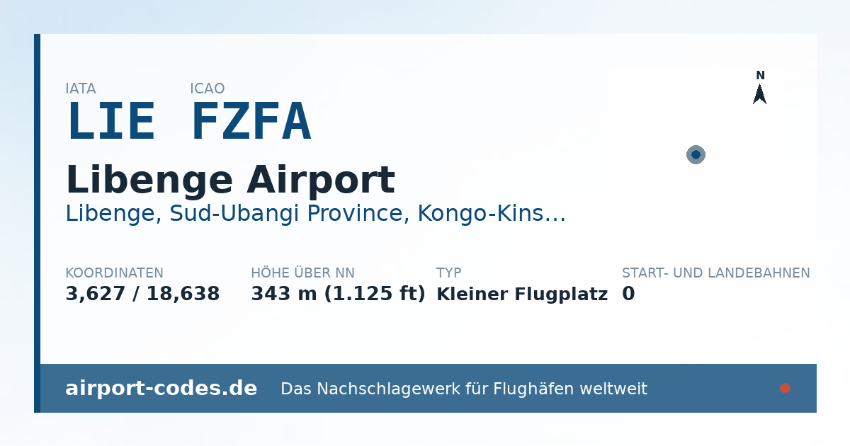 Generierte Übersichtsgrafik zum Flughafen Libenge Airport mit Codes, Koordinaten und Bahnenskizze