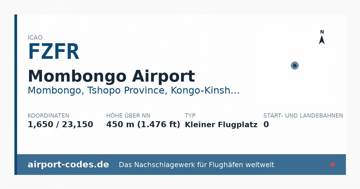 Generierte Übersichtsgrafik zum Flughafen Mombongo Airport mit Codes, Koordinaten und Bahnenskizze