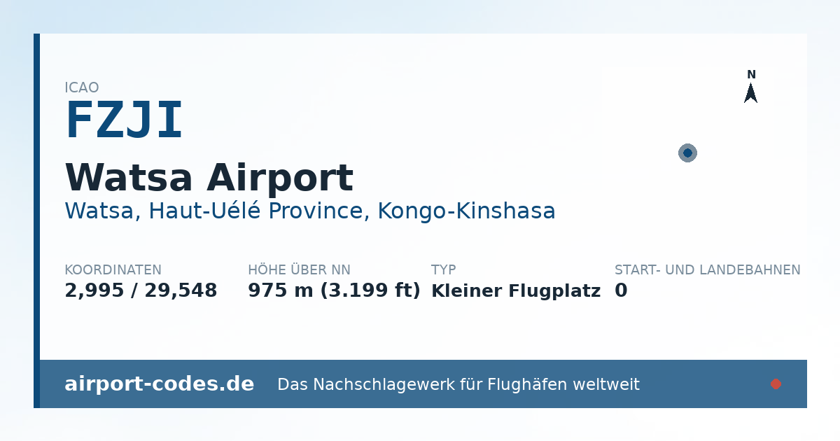 Generierte Übersichtsgrafik zum Flughafen Watsa Airport mit Codes, Koordinaten und Bahnenskizze