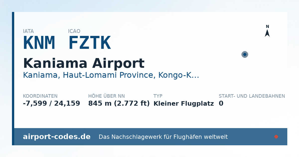 Generierte Übersichtsgrafik zum Flughafen Kaniama Airport mit Codes, Koordinaten und Bahnenskizze