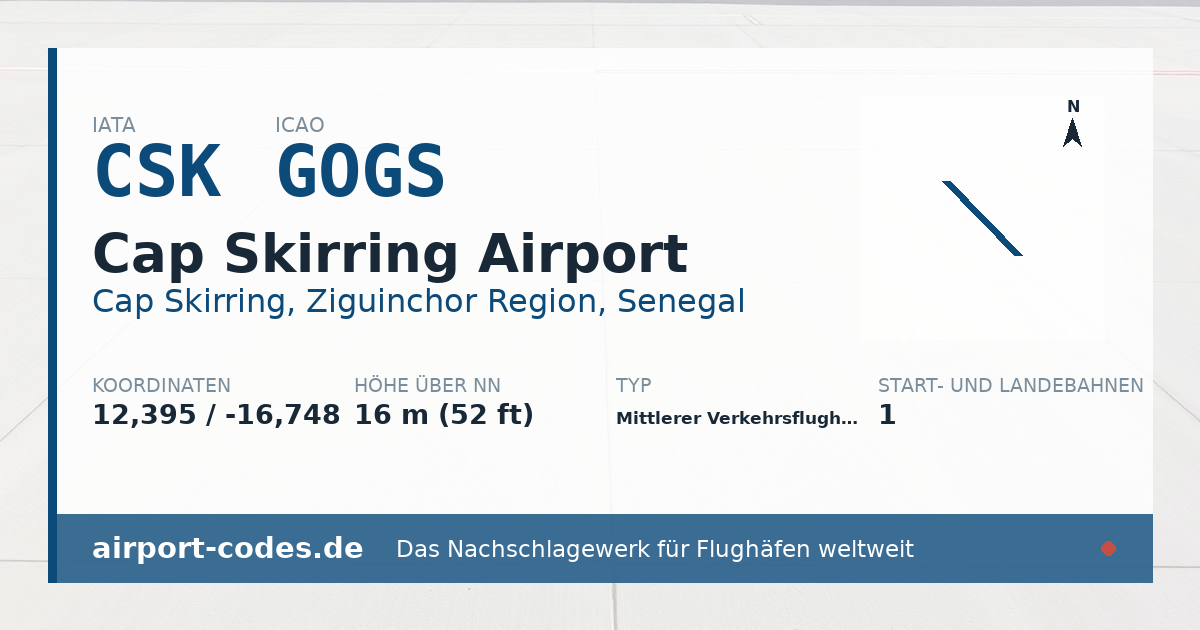 Generierte Übersichtsgrafik zum Flughafen Cap Skirring Airport mit Codes, Koordinaten und Bahnenskizze