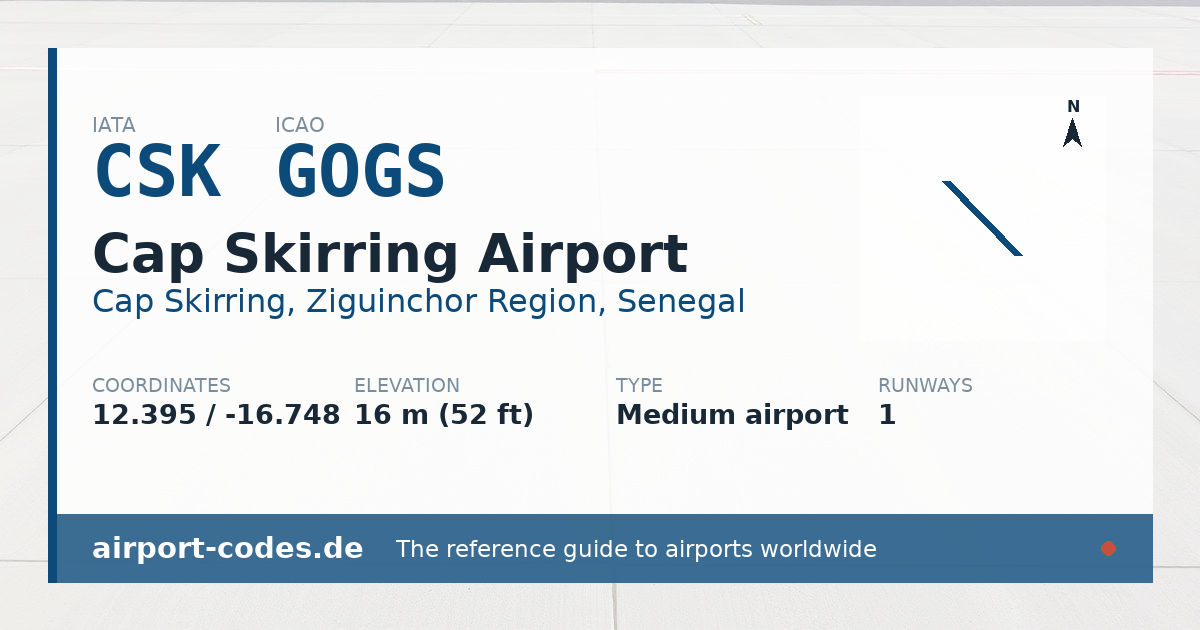 Generated summary graphic for Cap Skirring Airport showing codes, coordinates and a runway sketch
