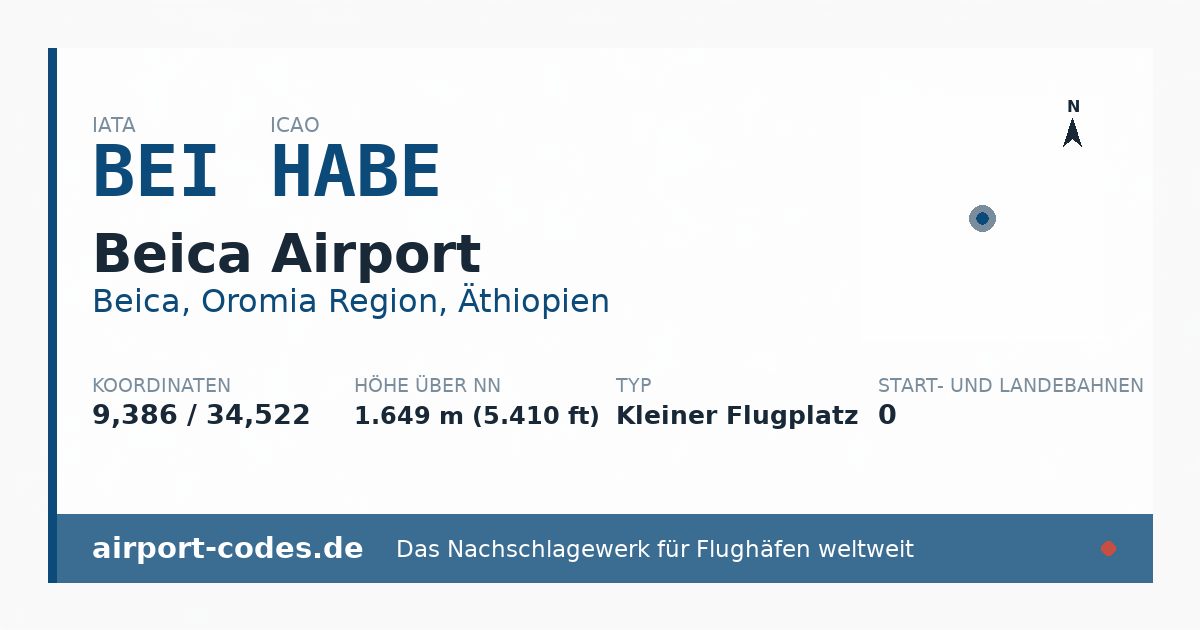 Generierte Übersichtsgrafik zum Flughafen Beica Airport mit Codes, Koordinaten und Bahnenskizze