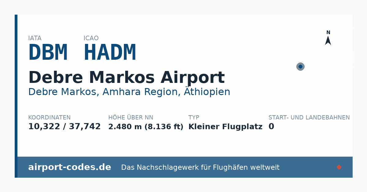 Generierte Übersichtsgrafik zum Flughafen Debre Markos Airport mit Codes, Koordinaten und Bahnenskizze
