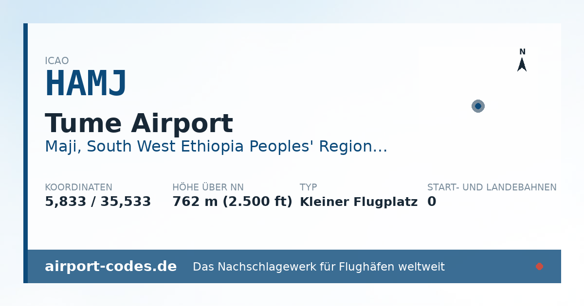 Generierte Übersichtsgrafik zum Flughafen Tume Airport mit Codes, Koordinaten und Bahnenskizze
