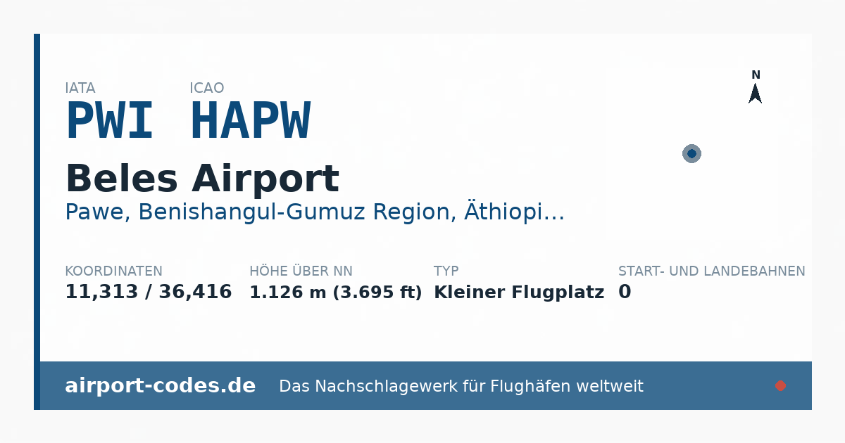 Generierte Übersichtsgrafik zum Flughafen Beles Airport mit Codes, Koordinaten und Bahnenskizze
