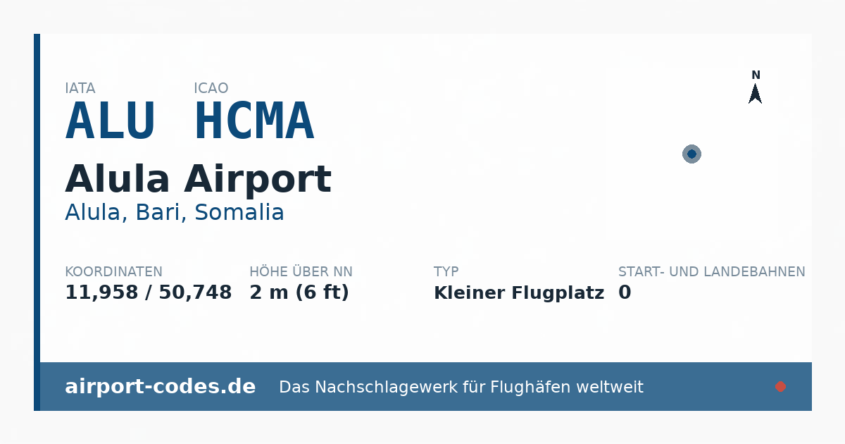 Generierte Übersichtsgrafik zum Flughafen Alula Airport mit Codes, Koordinaten und Bahnenskizze