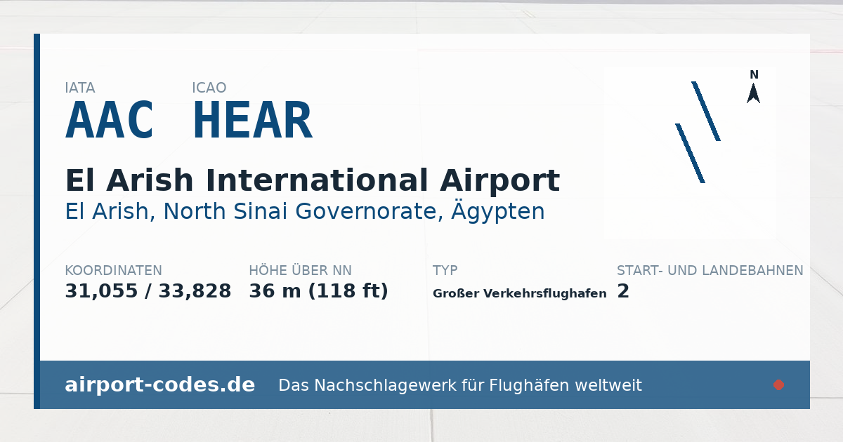 Generierte Übersichtsgrafik zum Flughafen El Arish International Airport mit Codes, Koordinaten und Bahnenskizze