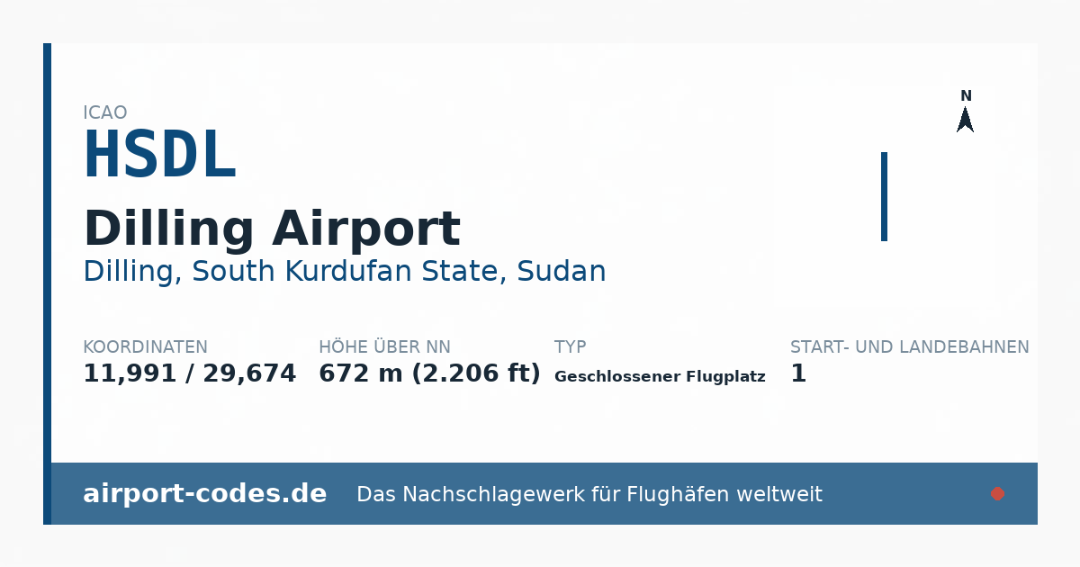 Generierte Übersichtsgrafik zum Flughafen Dilling Airport mit Codes, Koordinaten und Bahnenskizze