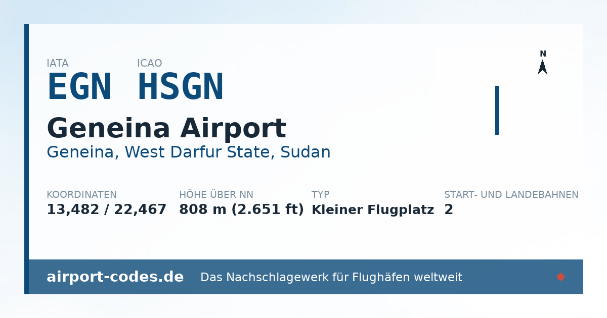 Generierte Übersichtsgrafik zum Flughafen Geneina Airport mit Codes, Koordinaten und Bahnenskizze